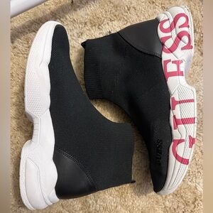 GUESS Women's Black and White Sneakers with Pink Accents